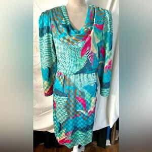 Vintage ‘80s Pure Argenti Turquoise, Blue Multicolored Abstract Dress, Size 12